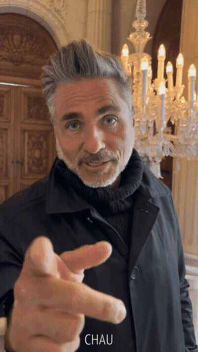 Man With Beard Pointing At Camera Saying Chau GIF