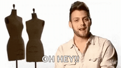 Man With Beard Saying Oh Hey Beside Mannequins GIF