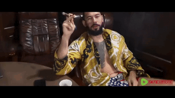 Man With Beard Smoking Cigarette In Versace Shirt GIF