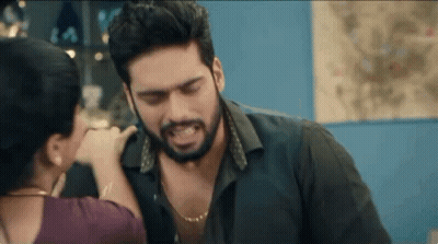 Man With Beard Touched By Woman In Room GIF