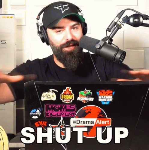 Man With Beard Wearing Headphones In Front Of Microphone And Laptop Shut Up GIF