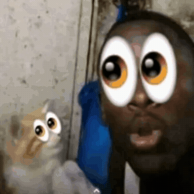 Man With Big Cartoon Eyes Talking On Cell Phone Next To Cat GIF