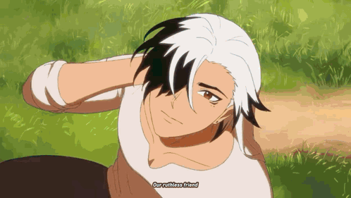 Man With Black And White Hair Laying In Grass Says Our Ruthless Friend GIF