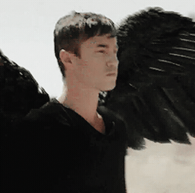 Man With Black Wings Looking At Camera GIF