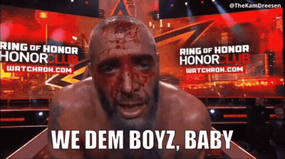 Man With Blood On Face Says We Dem Boyz Baby In Front Of Ring Of Honor Club Banner GIF