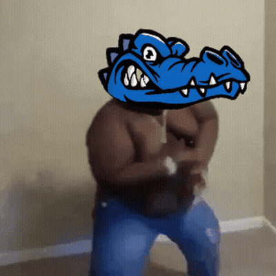 Man With Blue Crocodile On Head Dancing GIF