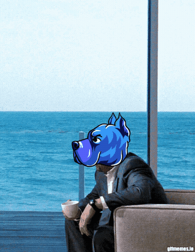 Man With Blue Dog Head Sitting GIF