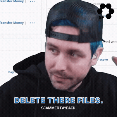 Man With Blue Hair And Black Hat Says Delete Those Files GIF