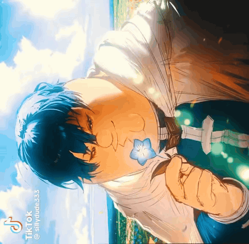 Man With Blue Hair And Flower On Chest Says Tik Tok GIF