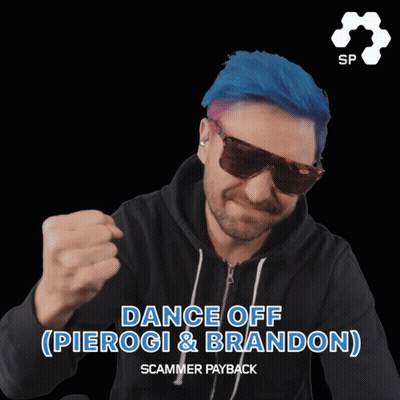 Man With Blue Hair And Sunglasses In Black Hoodie Says Dance Off Pierogi & Brandon GIF