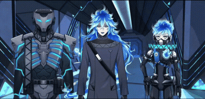 Man With Blue Hair Next To Robot GIF