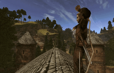 Man With Bow And Arrow On Roof GIF