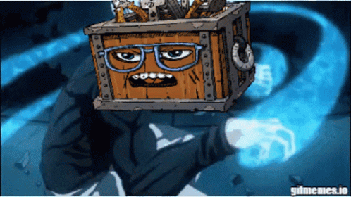 Man With Box On Head Saying Grimemea.io GIF