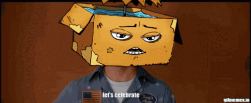 Man With Box On Head Saying Let's Celebrate GIF