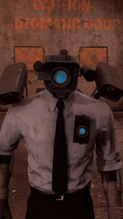Man With Camera On Head In Front Of Caution Automatic Door GIF