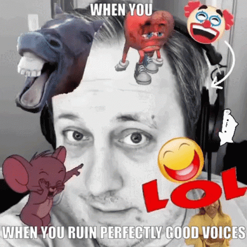 Man With Cartoon Characters On Head Saying When You Ruin Perfectly Good Voices GIF