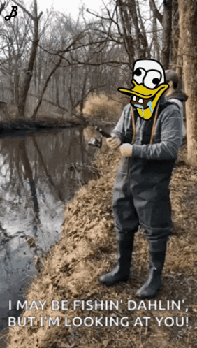 Man With Cartoon Duck On Face Fishing GIF