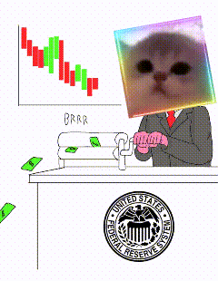 Man With Cat On Head In Front Of United States Federal Reserve System Logo GIF