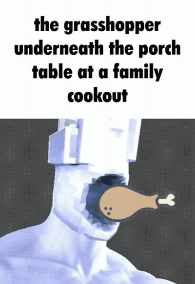 Man With Chicken In Mouth The Grasshopper Underneath The Porch Table GIF