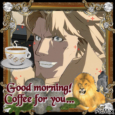 Man With Coffee And Lion Saying Good Morning GIF