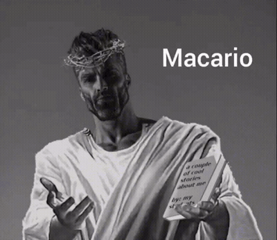 Man With Crown Of Thorns Holding Paper Saying Macario GIF