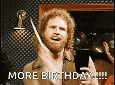 Man With Curly Hair And Beard Holding Drum Stick Saying More Birthday GIF