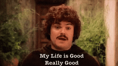 Man With Curly Hair And Mustache In Front Of My Life Is Good Really Good Sign GIF