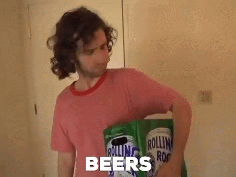 Man With Curly Hair Holding Beer Cans GIF