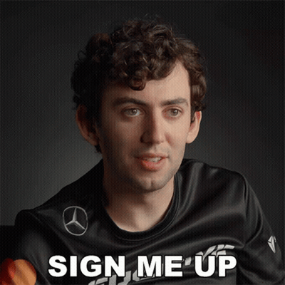 Man With Curly Hair In Sign Me Up Shirt GIF