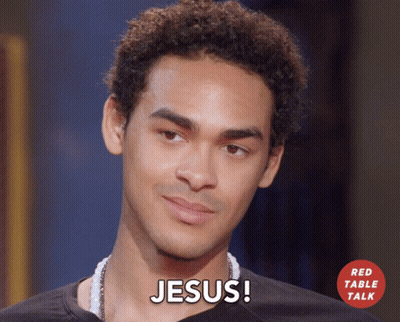 Man With Curly Hair Says Jesus Red Table Talk Ad GIF
