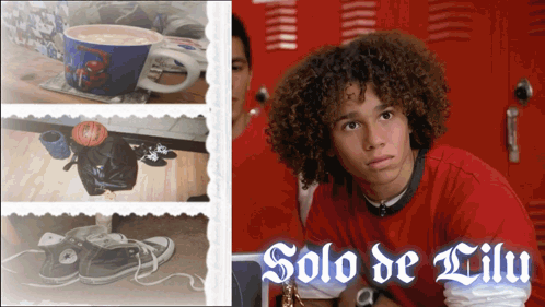 Man With Curly Hair Sitting In Front Of Red Locker Solo De Liliu GIF