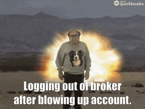 Man With Dog On Sweater In Front Of Explosion Saying Logging Out Of Broker After Blowing Up GIF