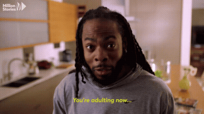 Man With Dreadlocks Says You're Adulting Now In Kitchen GIF