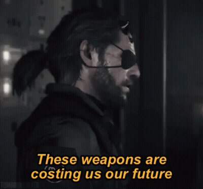 Man With Eye Patch Saying These Weapons Are Costing Us Our Future GIF
