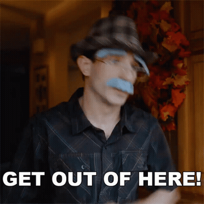 Man With Fake Mustache And Glasses Saying Get Out Of Here GIF