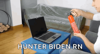Man With Fire Extinguisher And Laptop Saying Hunter Biden RN GIF