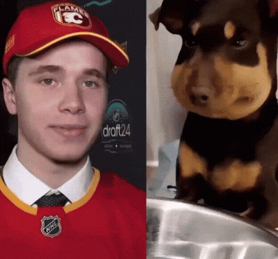 Man With Flames Hat And Small Dog GIF