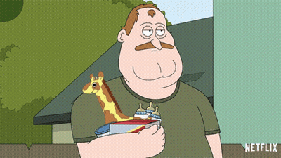 Man With Giraffe On Shoulder Holding Baby Bottles And Netflix Can GIF
