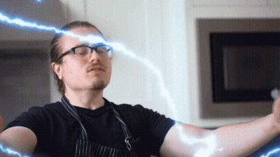 Man With Glasses And Apron With Lightning From Head GIF