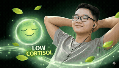 Man With Glasses And Ear Buds Surrounded By Low Cortisol GIF