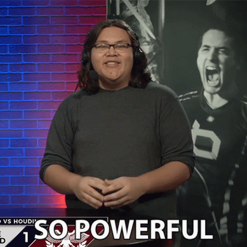 Man With Glasses And Headphones In Front Of So Powerful Sign GIF