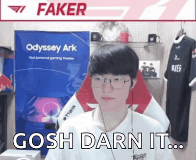 Man With Glasses And Headphones Sitting Near Faker Sign GIF
