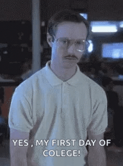 Man With Glasses And Mustache In White Polo Saying Yes My First Day Of College GIF