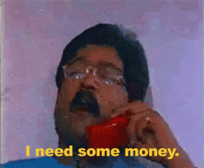 Man With Glasses And Mustache Talking On Red Phone Saying I Need Some Money GIF