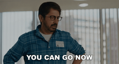 Man With Glasses And Name Tag Saying You Can Go Now GIF