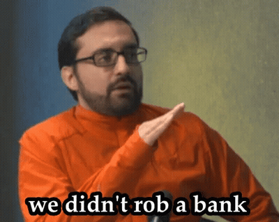 Man With Glasses And Orange Shirt Says We Didn't Rob A Bank GIF