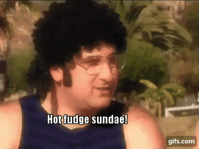 Man With Glasses And Wig Saying Hot Fudge Sundae GIF