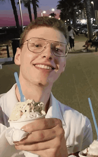Man With Glasses Holding Bowl Of Ice Cream GIF