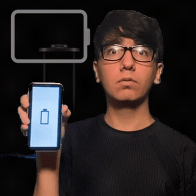 Man With Glasses Holding Cell Phone With Battery Icon GIF