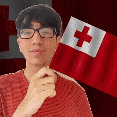 Man With Glasses Holding Red And White Cross Flag GIF